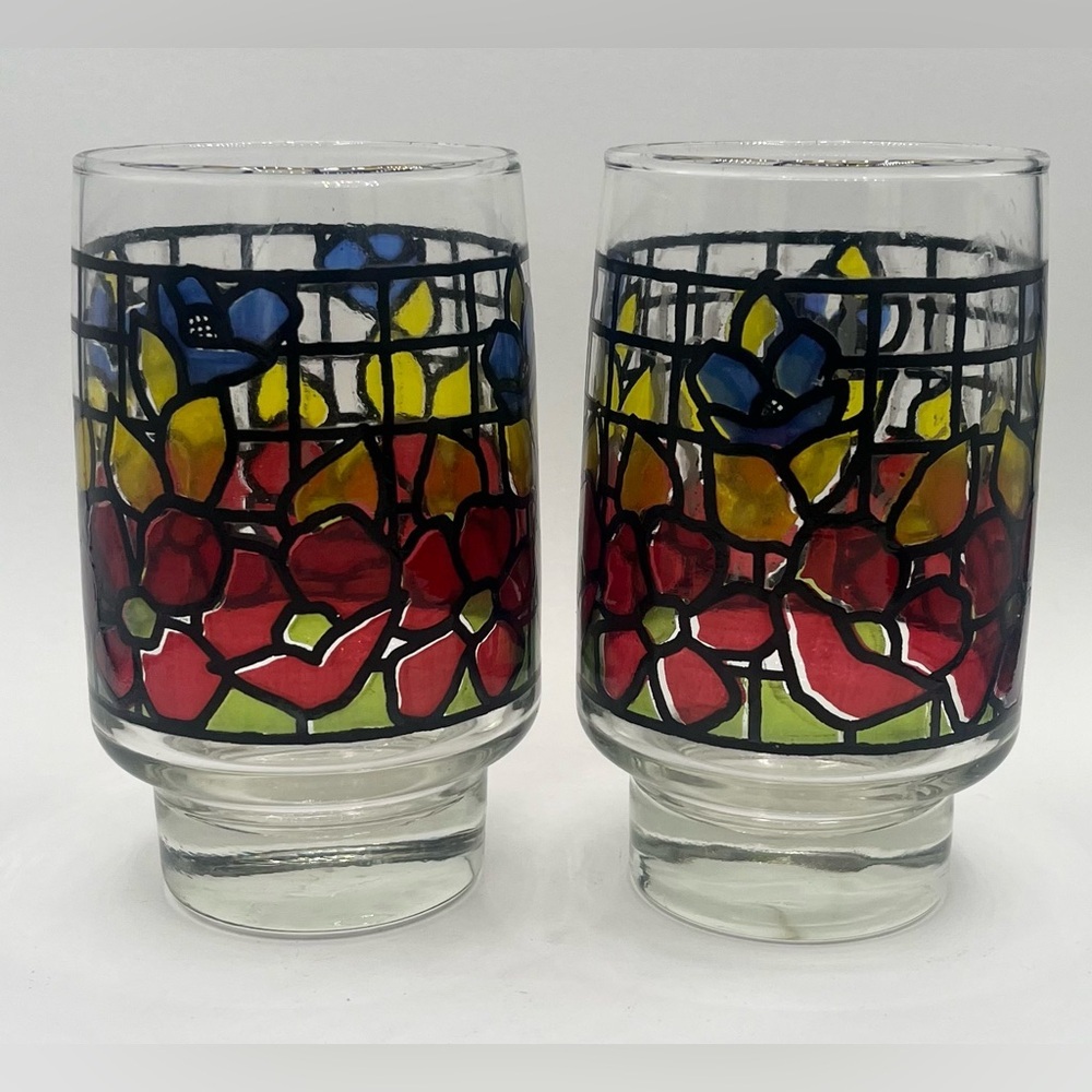 Vintage Libbey Stained Glass floral Juice‎ Glasses Set Of 2 - 12 ozs